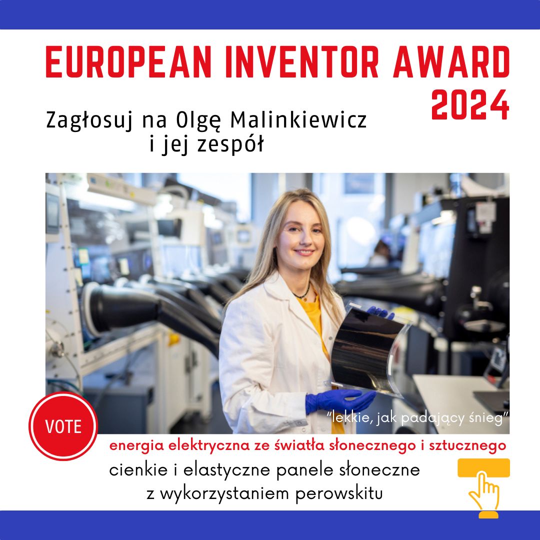 European Inventor Award 2024, zagłosuj na Olgę Malinkiewicz, cienkie i elastyczne panele słoneczne z wykorzystaniem perowskitu
