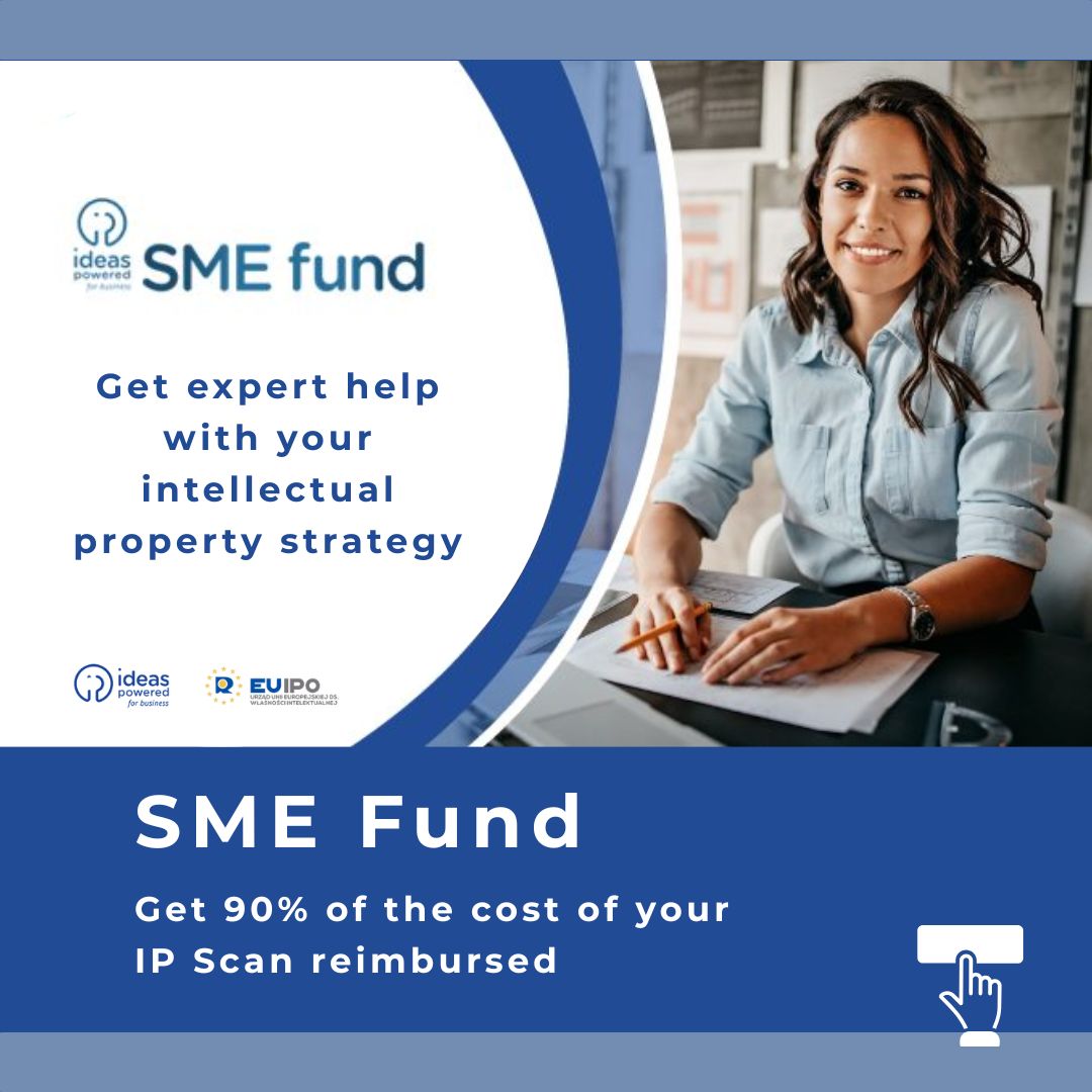 Z lewej strony tekst ideas SME fund powered Get expert help with your intellectual property strategy.On the right, a photo of a smiling woman