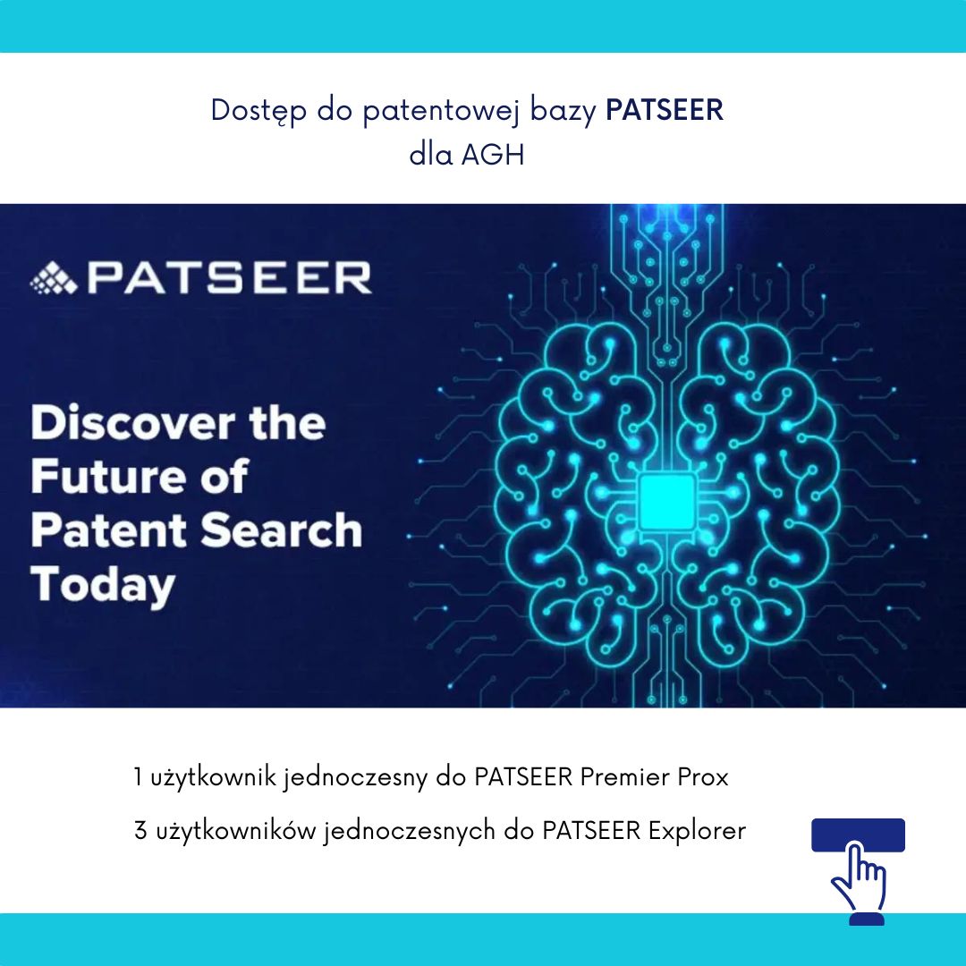 Grafika dekoracyjna. Po prawej stronie znajduje się duża, stylizowana ilustracja mózgu zbudowanego z obwodów elektronicznych i świecących linii. Przypomina schemat układu scalonego, co symbolizuje zaawansowaną technologię, sztuczną inteligencję oraz przetwarzanie danych. Grafika promuje dostęp do bazy patentowej PATSEER dla użytkowników AGH