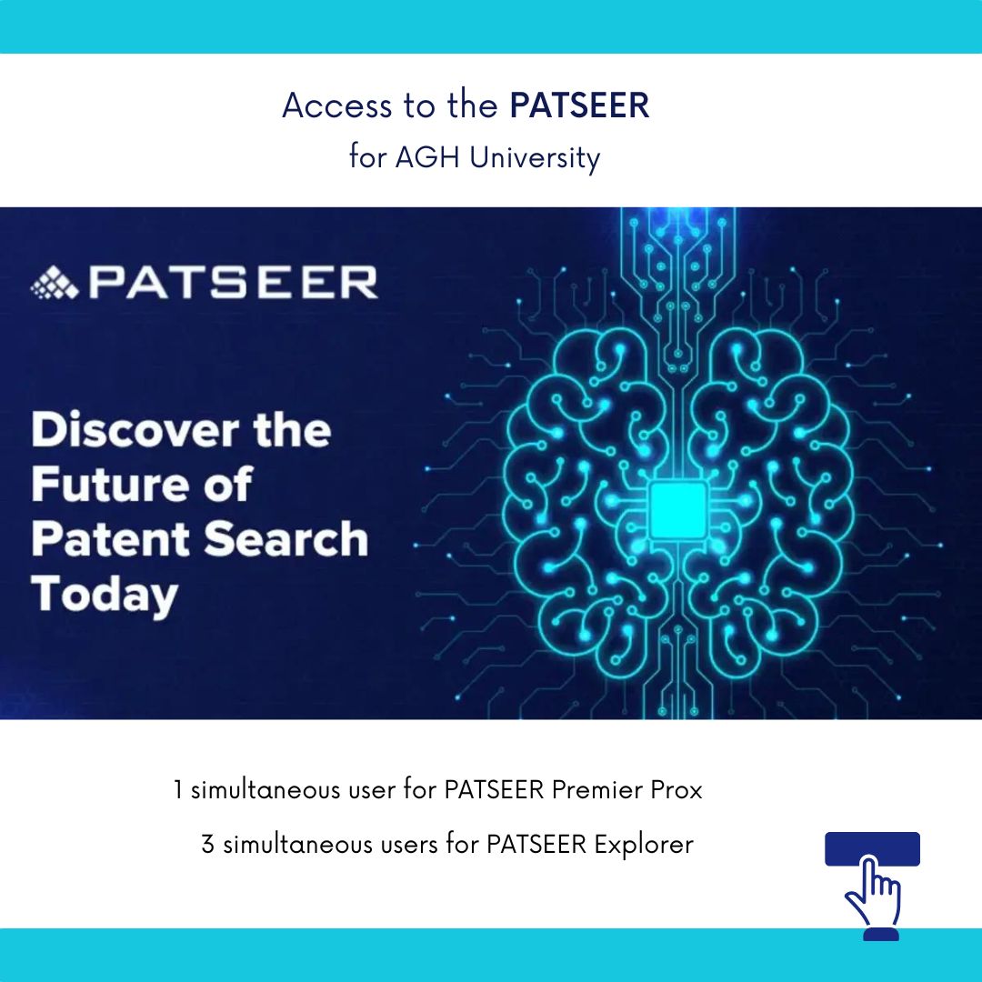 Decorative graphics. On the right-hand side, there is a large, stylized illustration of a brain made up of electronic circuits and glowing lines. It resembles an integrated circuit diagram, symbolizing advanced technology, artificial intelligence, and data processing. The graphics promote access to the PATSEER patent database for AGH users.